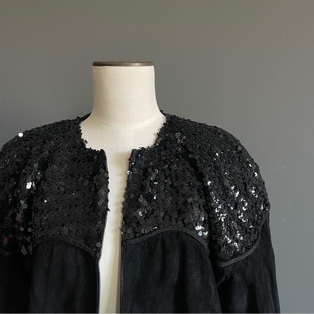 Vintage Posttano Sequin Leather Suede Jacket 80s Statement Coat Petite 90s YSL
